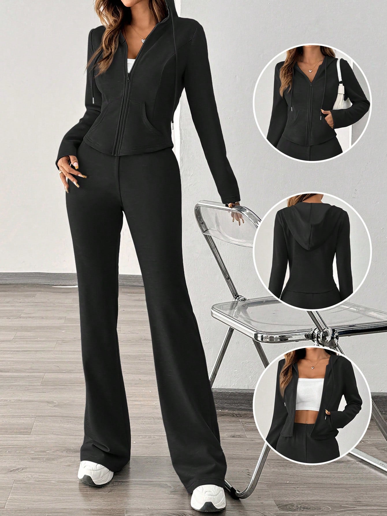 Essnce 2pcs Women Fashion Casual Sports Sweatsuit, Hoodie Jacket And Wide Leg Pants, Autumn