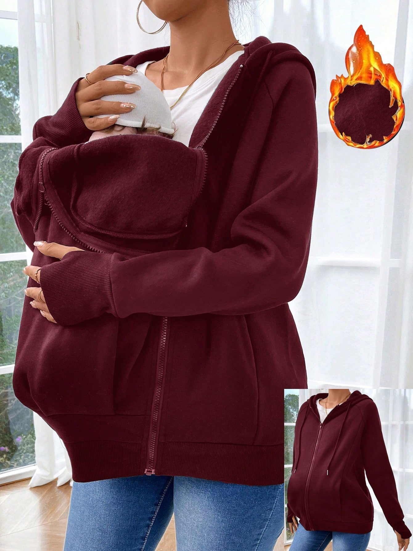 Pregnant Women's Plain Color Thermal Lined Zip-Up Breastfeeding Long Sleeve Hoodie, Breastfeeding Hoodie, Autumn/Winter, For Maternity