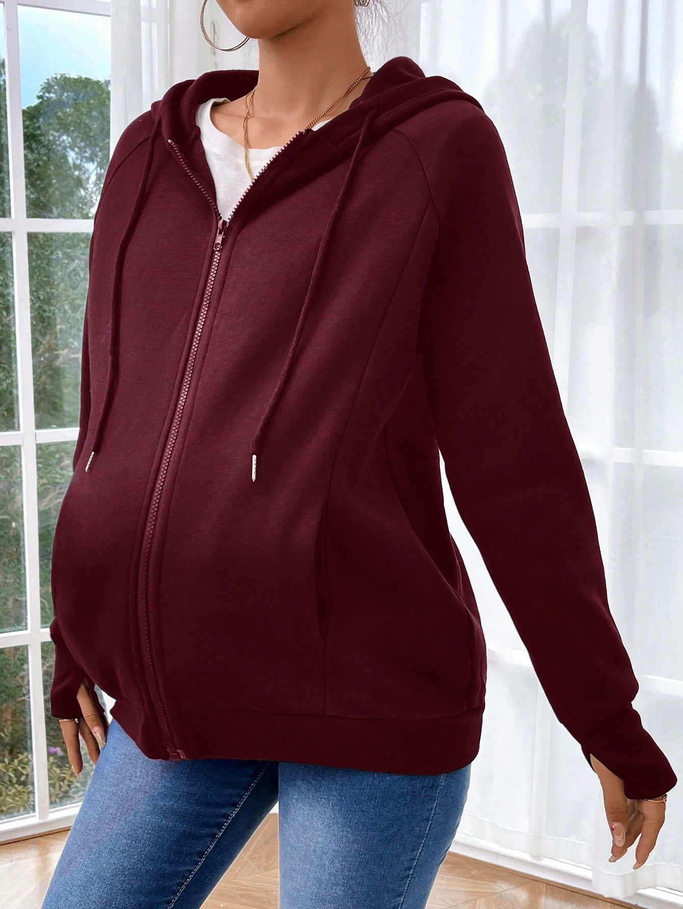 Pregnant Women's Plain Color Thermal Lined Zip-Up Breastfeeding Long Sleeve Hoodie, Breastfeeding Hoodie, Autumn/Winter, For Maternity