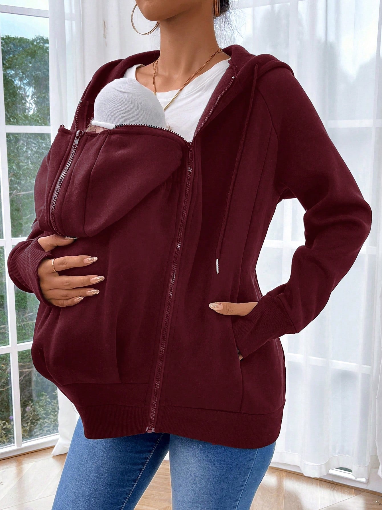 Pregnant Women's Plain Color Thermal Lined Zip-Up Breastfeeding Long Sleeve Hoodie, Breastfeeding Hoodie, Autumn/Winter, For Maternity
