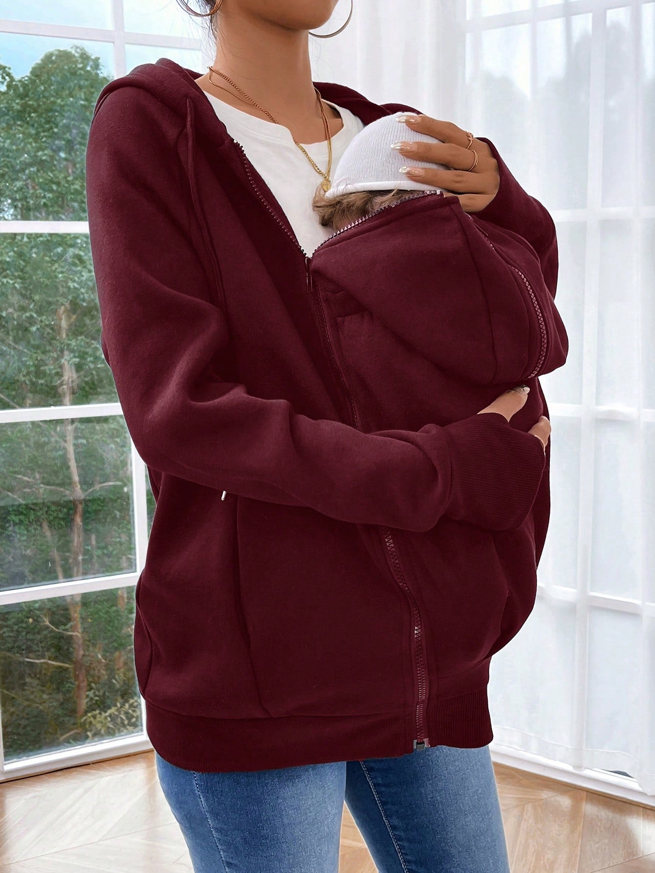 Pregnant Women's Plain Color Thermal Lined Zip-Up Breastfeeding Long Sleeve Hoodie, Breastfeeding Hoodie, Autumn/Winter, For Maternity