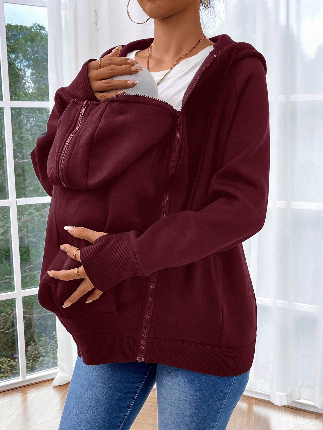 Pregnant Women's Plain Color Thermal Lined Zip-Up Breastfeeding Long Sleeve Hoodie, Breastfeeding Hoodie, Autumn/Winter, For Maternity