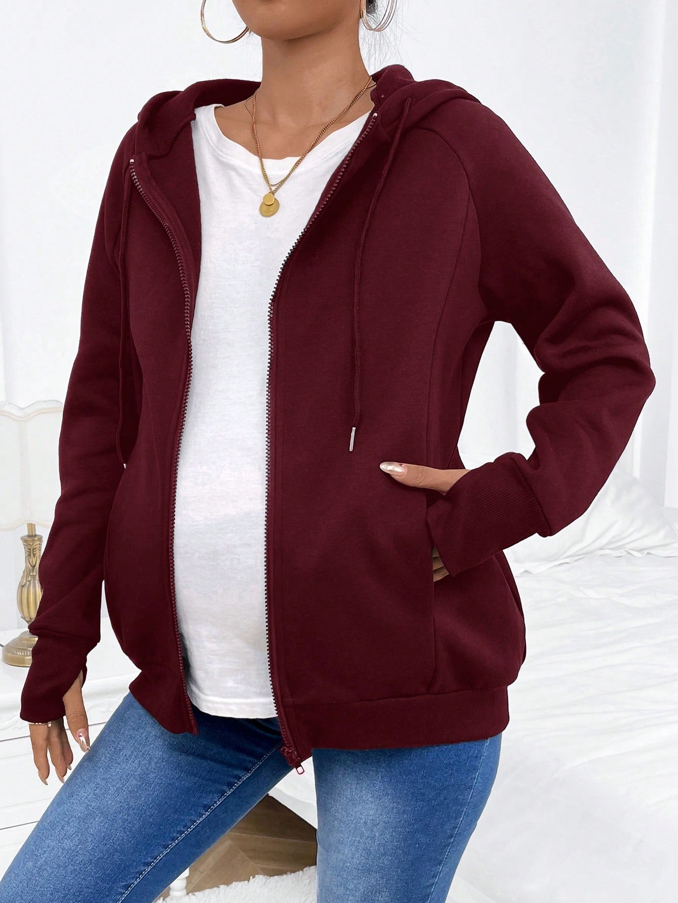 Pregnant Women's Plain Color Thermal Lined Zip-Up Breastfeeding Long Sleeve Hoodie, Breastfeeding Hoodie, Autumn/Winter, For Maternity