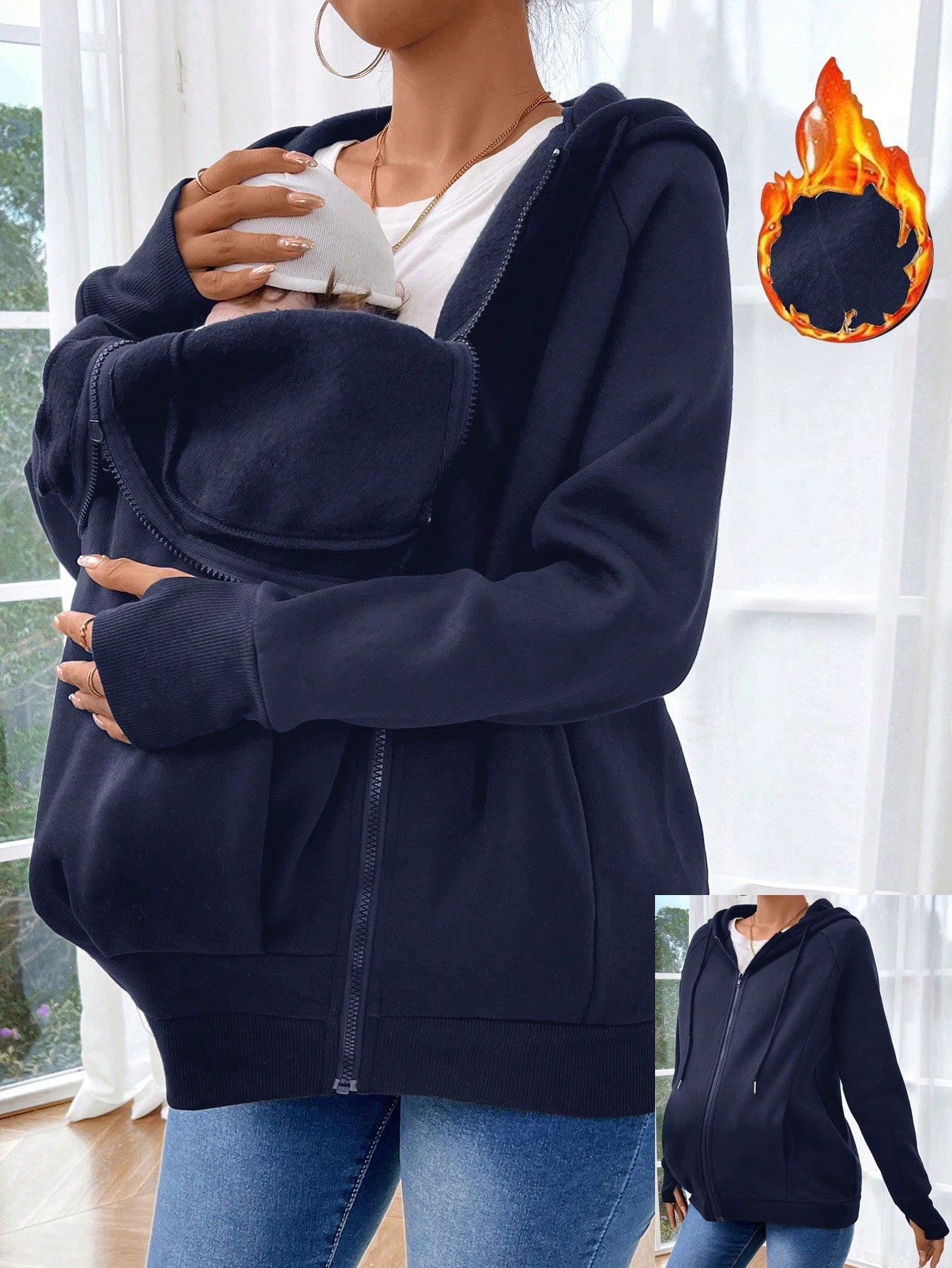 Pregnant Women's Plain Color Thermal Lined Zip-Up Breastfeeding Long Sleeve Hoodie, Breastfeeding Hoodie, Autumn/Winter, For Maternity
