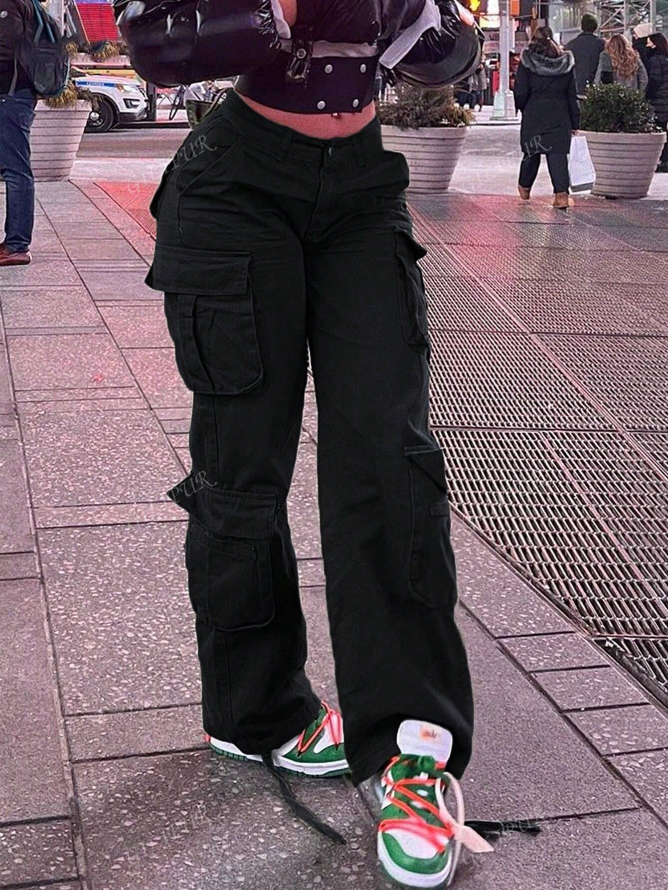 Straight Leg Loose Solid Color Casual Cargo Pants For Women