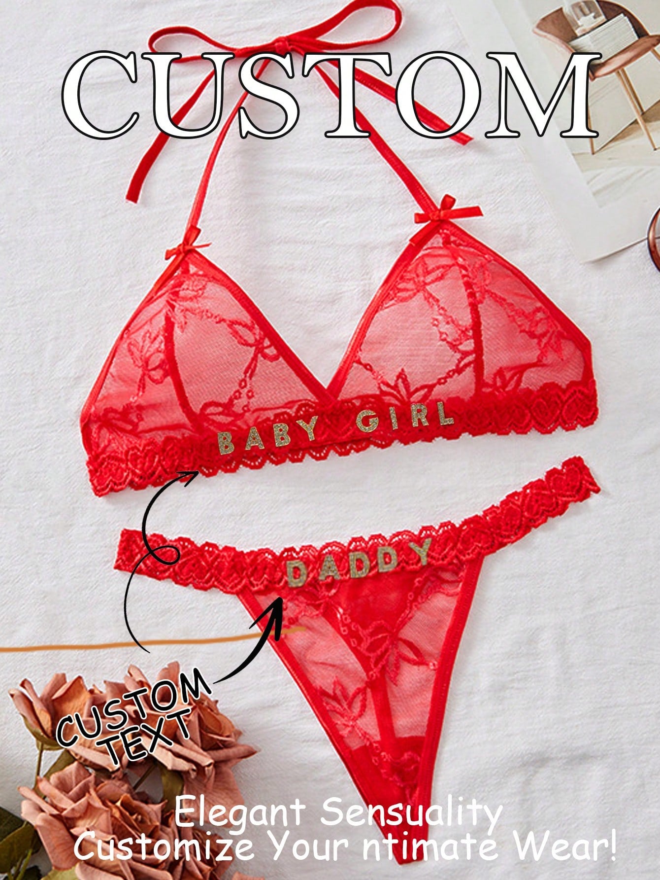 Customized Lace See-Through T-String Set, Customized Metal Letter Decoration Sexy Lingerie, Customized Rhinestone Letter Lace Sexy Lingerie