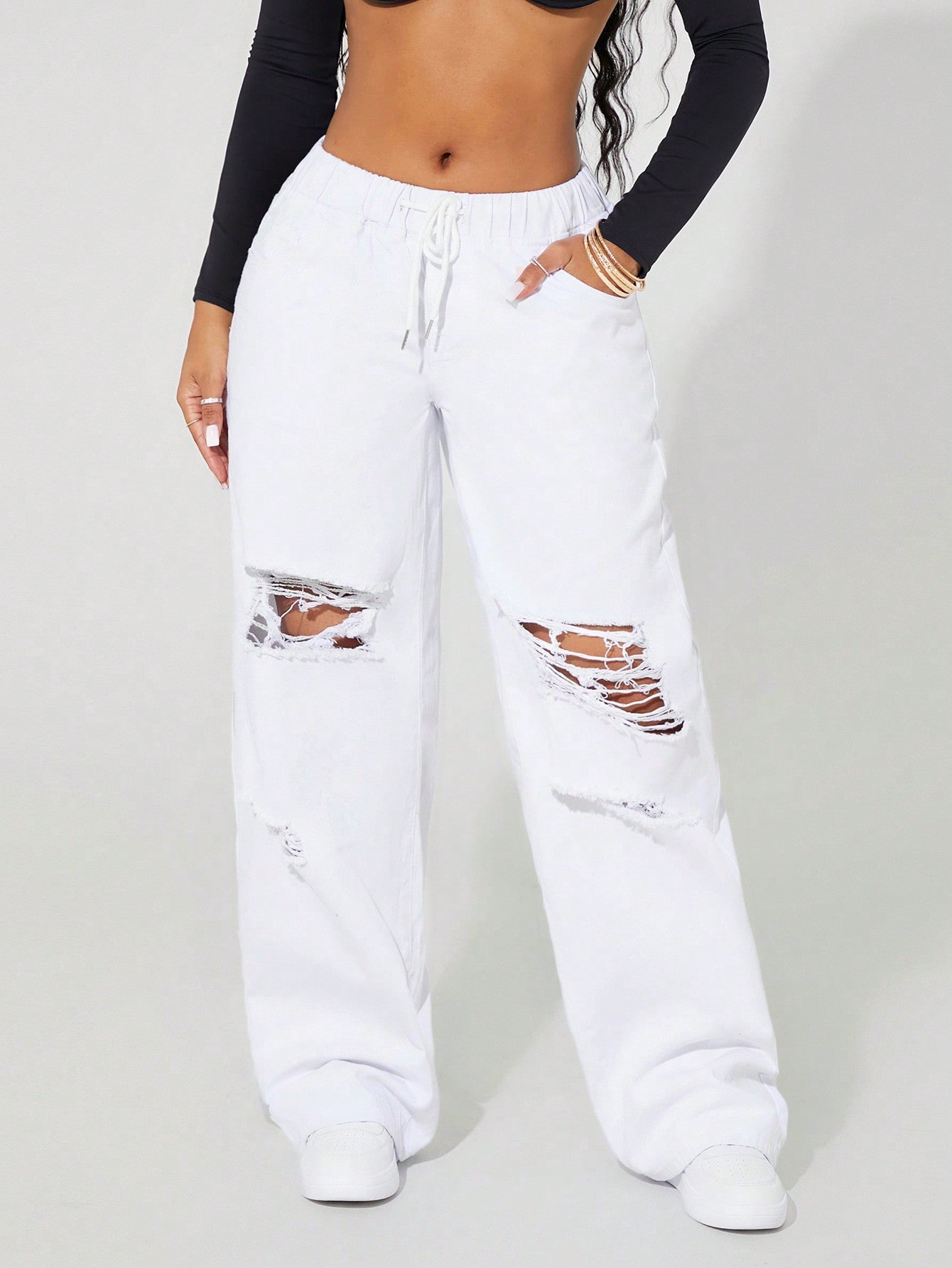 SXY Drawstring Waist Cut Out Ripped Wide Leg Jeans