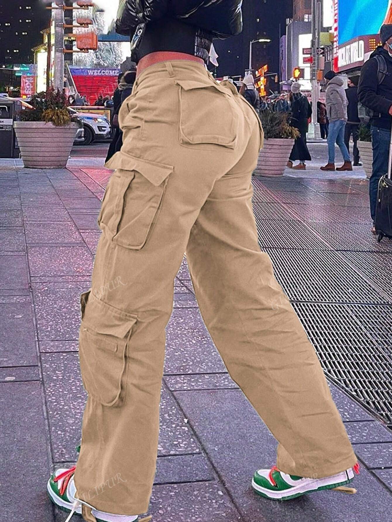 Straight Leg Loose Solid Color Casual Cargo Pants For Women