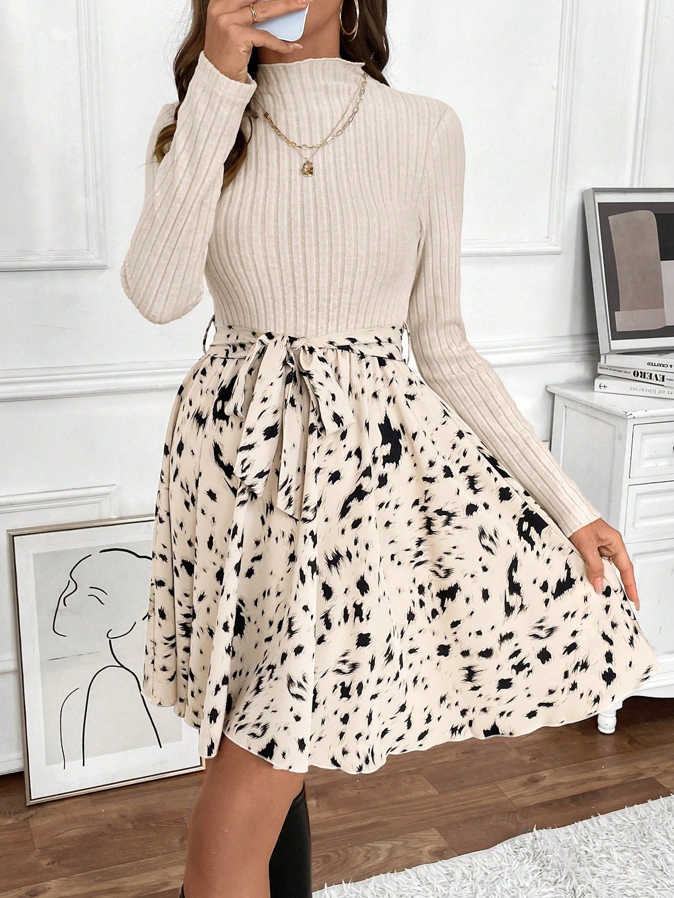 Frenchy Ditsy Floral Print Mock Neck Belted Bottom&Top Two Tone A Line Floral Print Dress