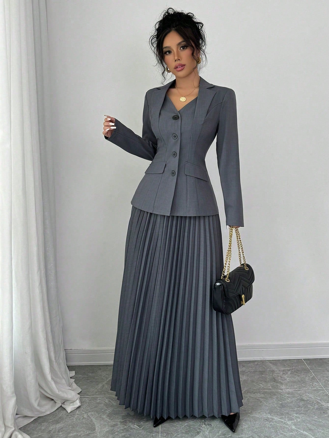 Elenzga 2pcs Elegant Women Blazer Jacket And Pleated A-Line Skirt Suit