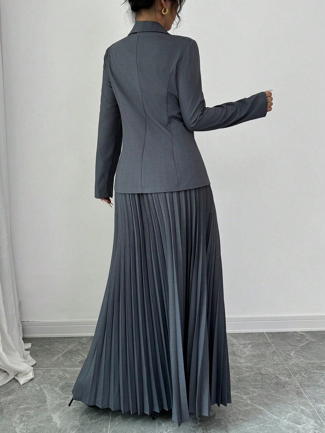 Elenzga 2pcs Elegant Women Blazer Jacket And Pleated A-Line Skirt Suit