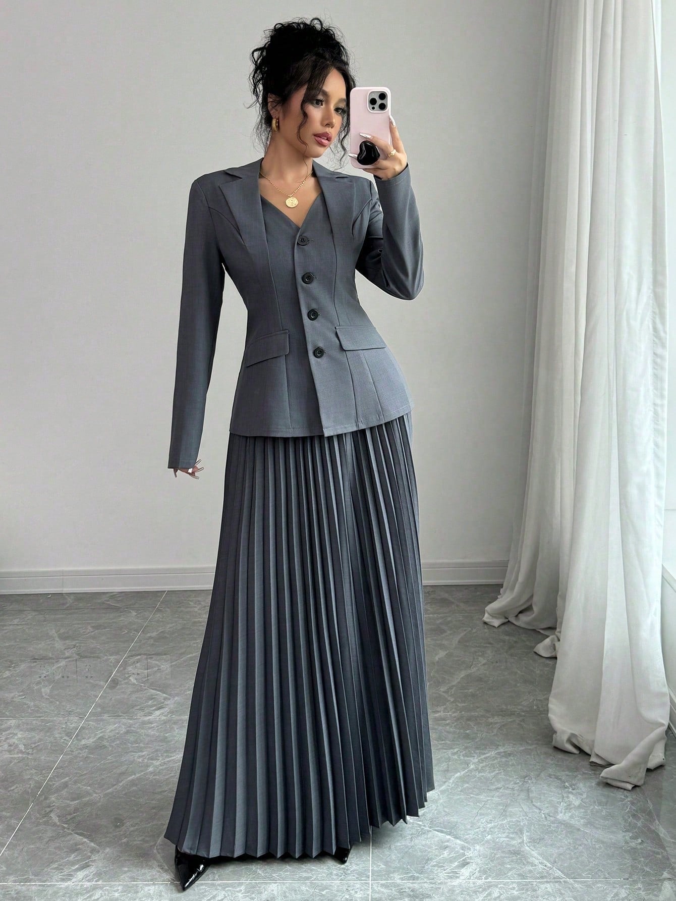 Elenzga 2pcs Elegant Women Blazer Jacket And Pleated A-Line Skirt Suit