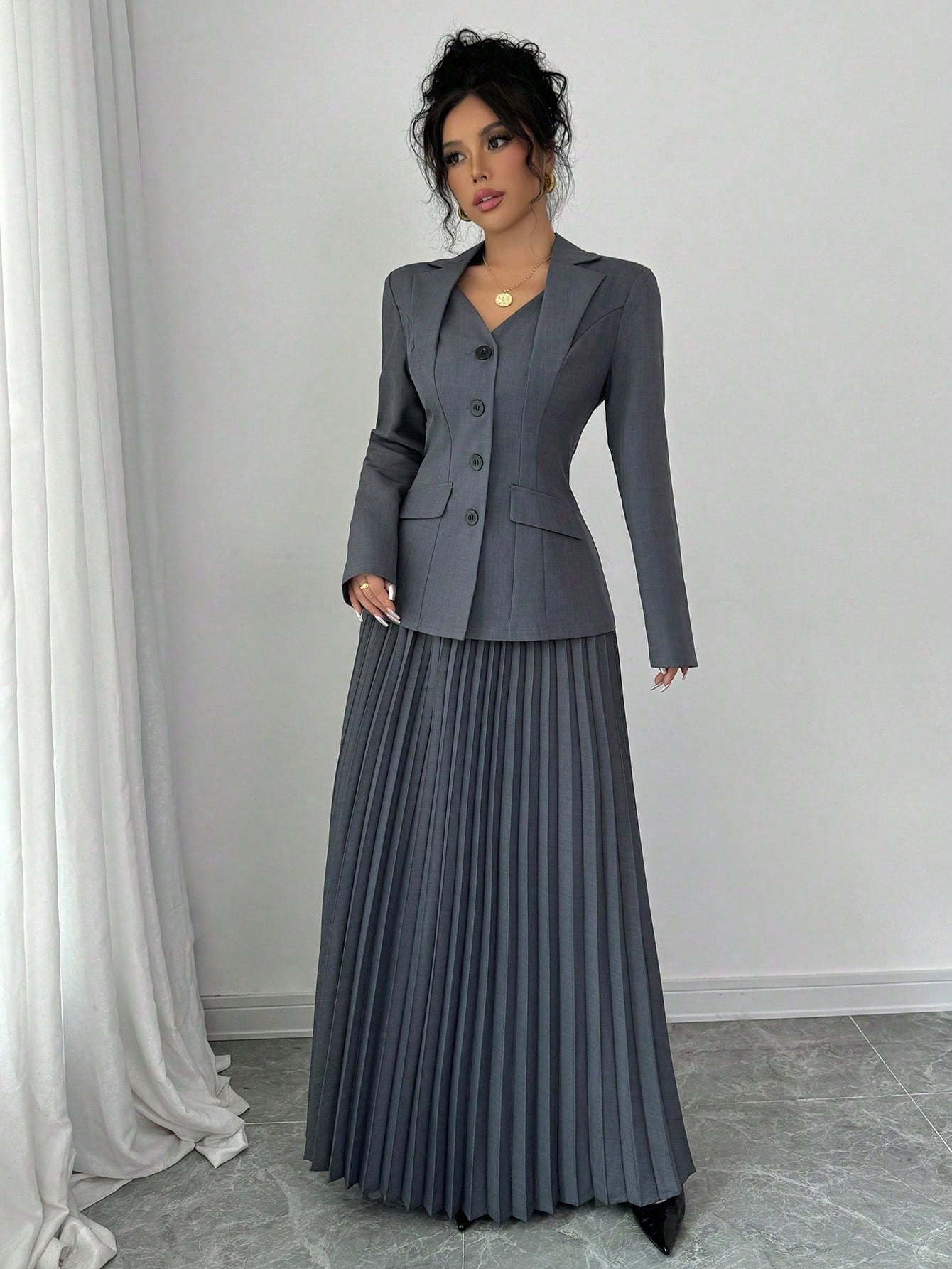 Elenzga 2pcs Elegant Women Blazer Jacket And Pleated A-Line Skirt Suit