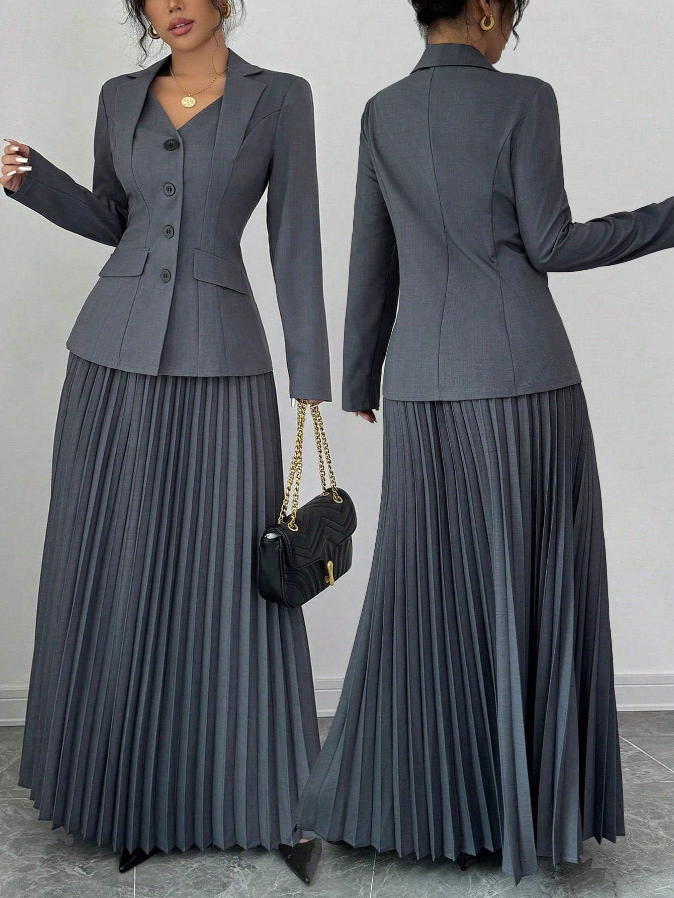 Elenzga 2pcs Elegant Women Blazer Jacket And Pleated A-Line Skirt Suit