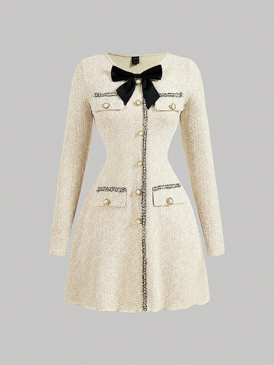 MOD Front Bow Decoration, Small Fragrant Apricot Color, Party Dress, Elegant Dress, Party Dress, Winter Dress, New Years Dress, Thanksgiving Dress,Holiday Dress