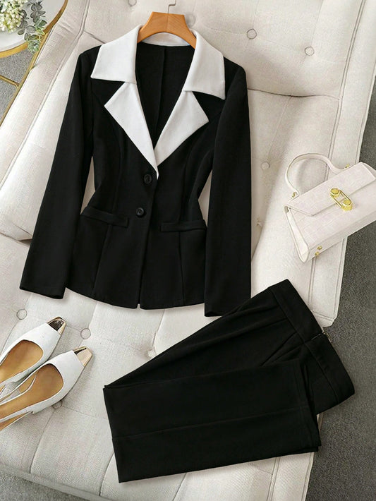 Clasi Women's Autumn Contrast Color Lapel Long Sleeve Jacket And Pants Casual Business Suit Set