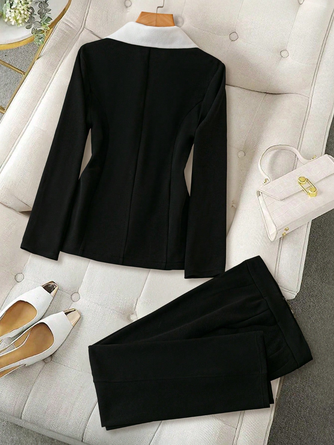 Clasi Women's Autumn Contrast Color Lapel Long Sleeve Jacket And Pants Casual Business Suit Set