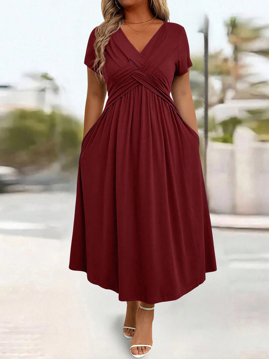 Plus Size Solid V-Neck Short Sleeve Pocket Casual Long Dress Burgundy Maxi Women Outfit