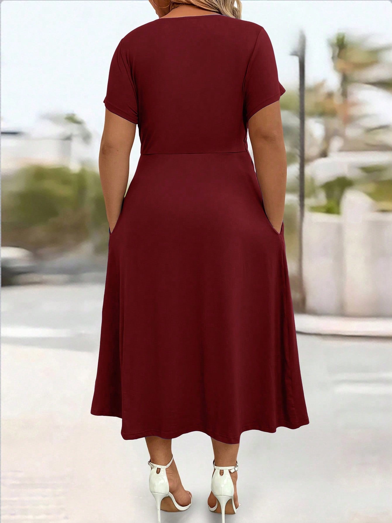 Plus Size Solid V-Neck Short Sleeve Pocket Casual Long Dress Burgundy Maxi Women Outfit