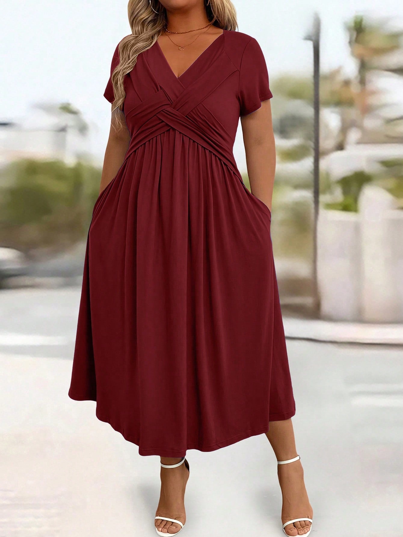 Plus Size Solid V-Neck Short Sleeve Pocket Casual Long Dress Burgundy Maxi Women Outfit