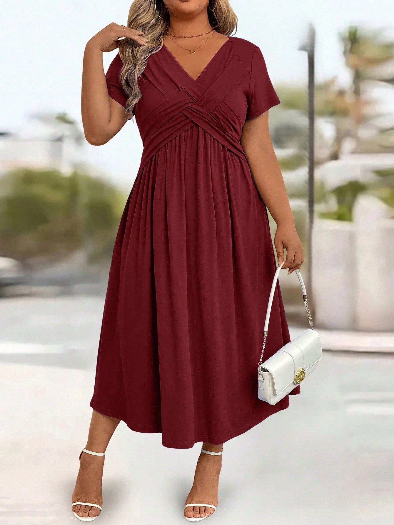 Plus Size Solid V-Neck Short Sleeve Pocket Casual Long Dress Burgundy Maxi Women Outfit