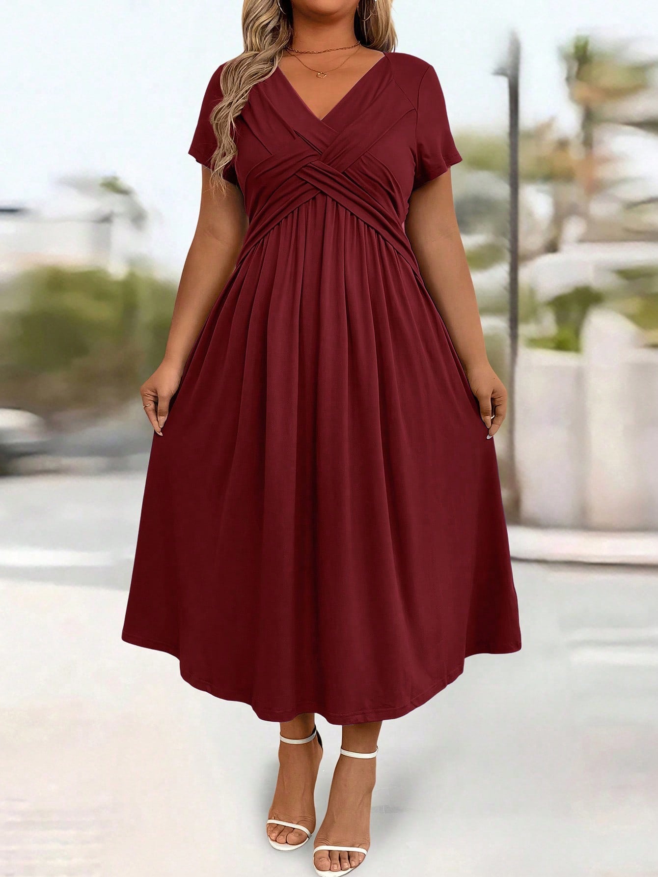 Plus Size Solid V-Neck Short Sleeve Pocket Casual Long Dress Burgundy Maxi Women Outfit