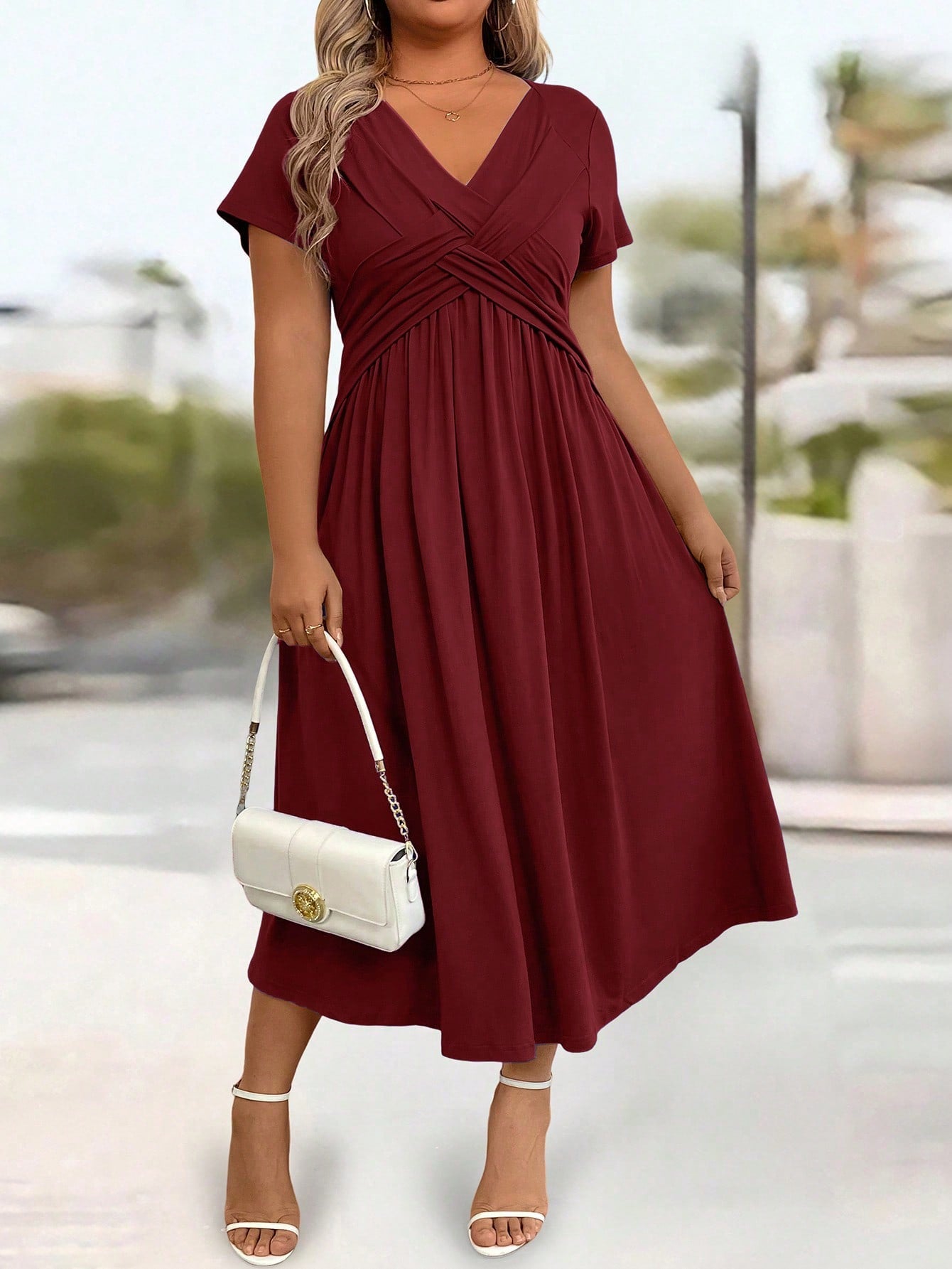 Plus Size Solid V-Neck Short Sleeve Pocket Casual Long Dress Burgundy Maxi Women Outfit