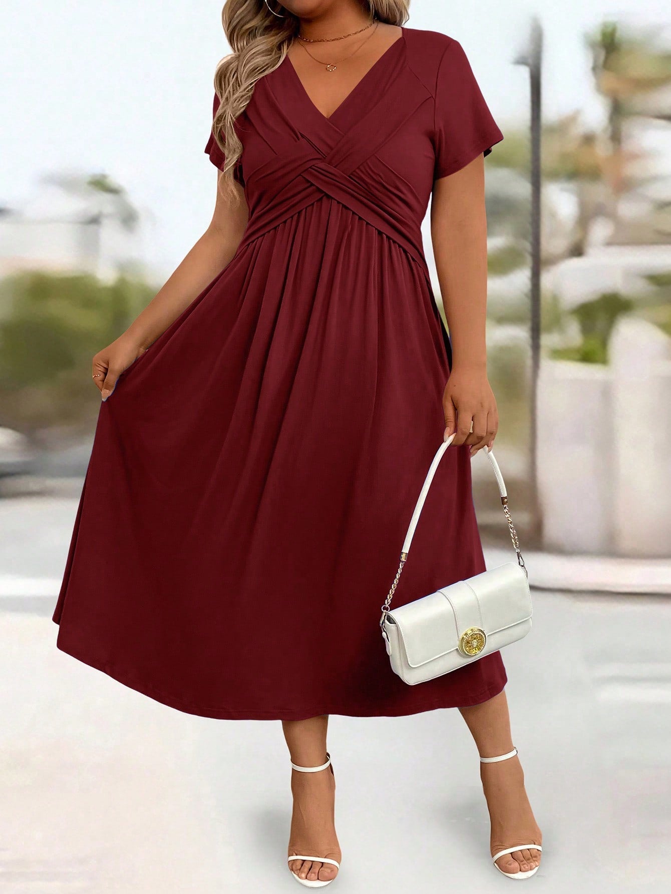 Plus Size Solid V-Neck Short Sleeve Pocket Casual Long Dress Burgundy Maxi Women Outfit