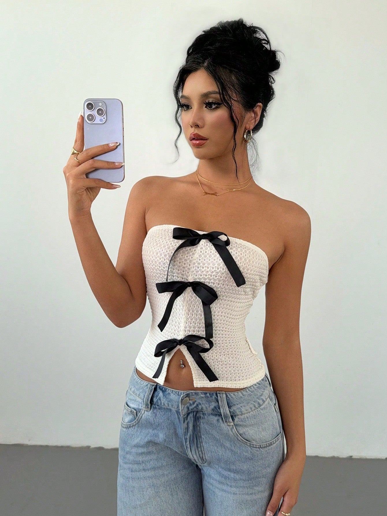 Raffinéa Front Bow Tie Contrast Color Cute Women Tube Top, Elegant Blouse