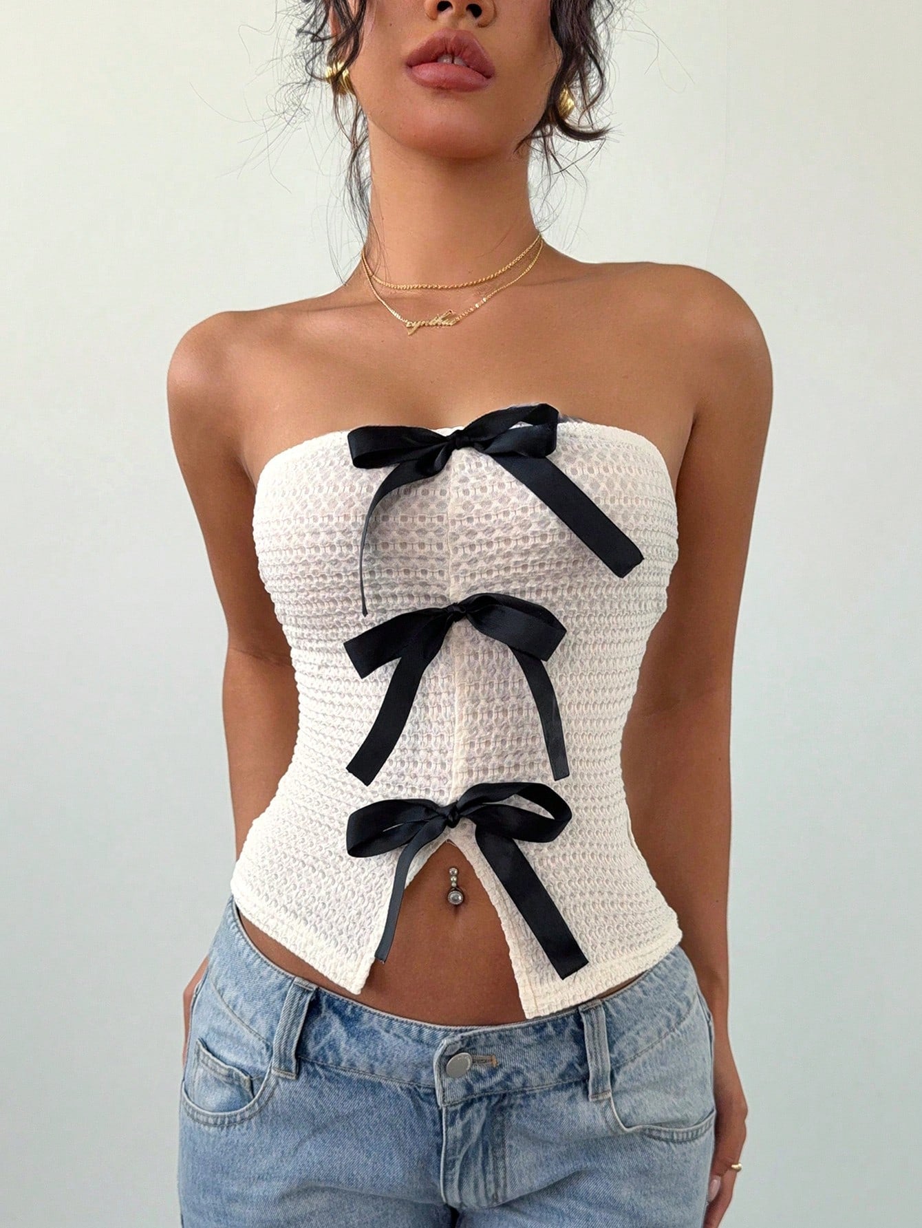 Raffinéa Front Bow Tie Contrast Color Cute Women Tube Top, Elegant Blouse