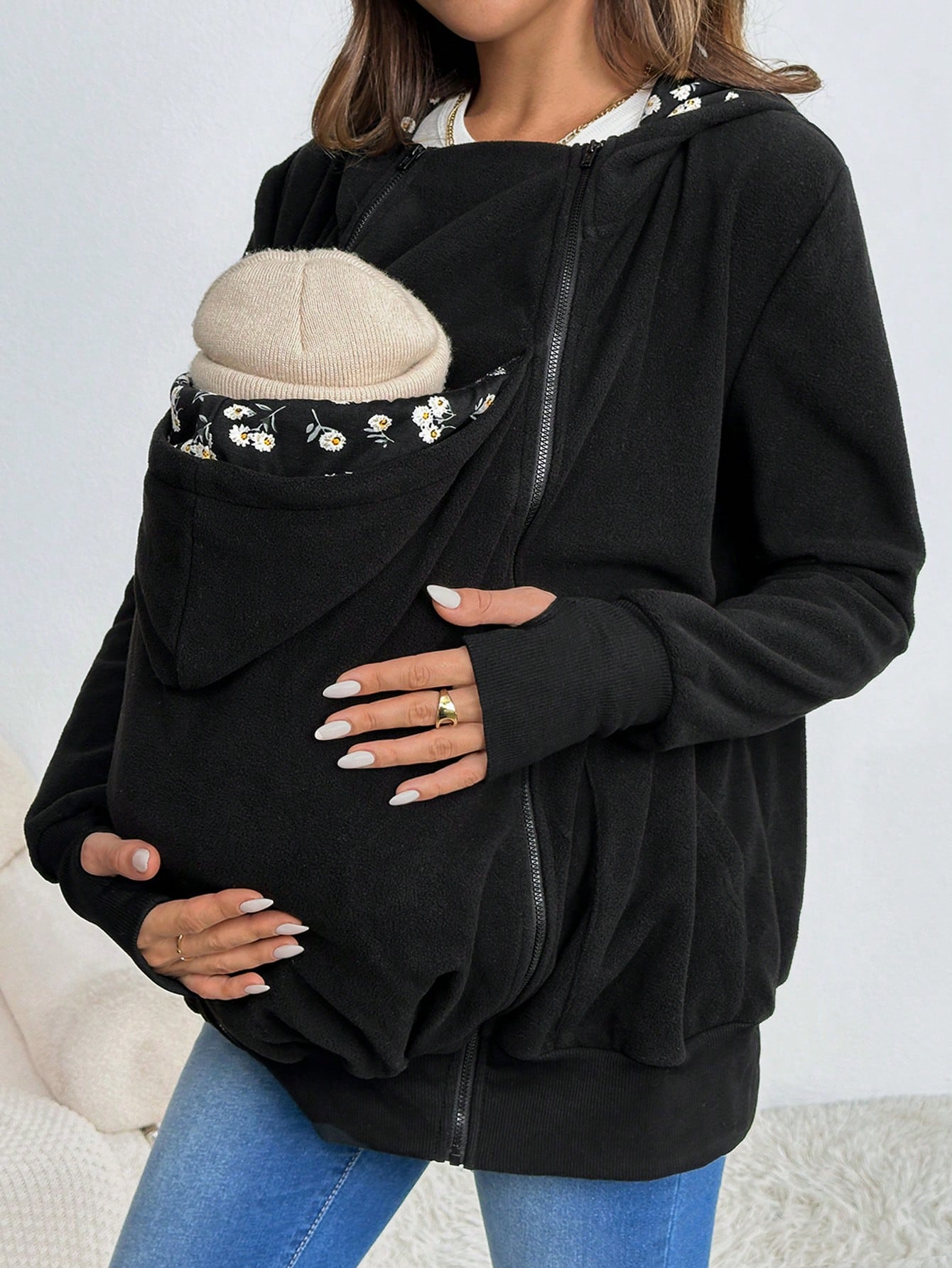 Maternity 3 In 1 Colorblock Trim Kangaroo Hooded Padded Long Sleeve Coat - Black, For Winter