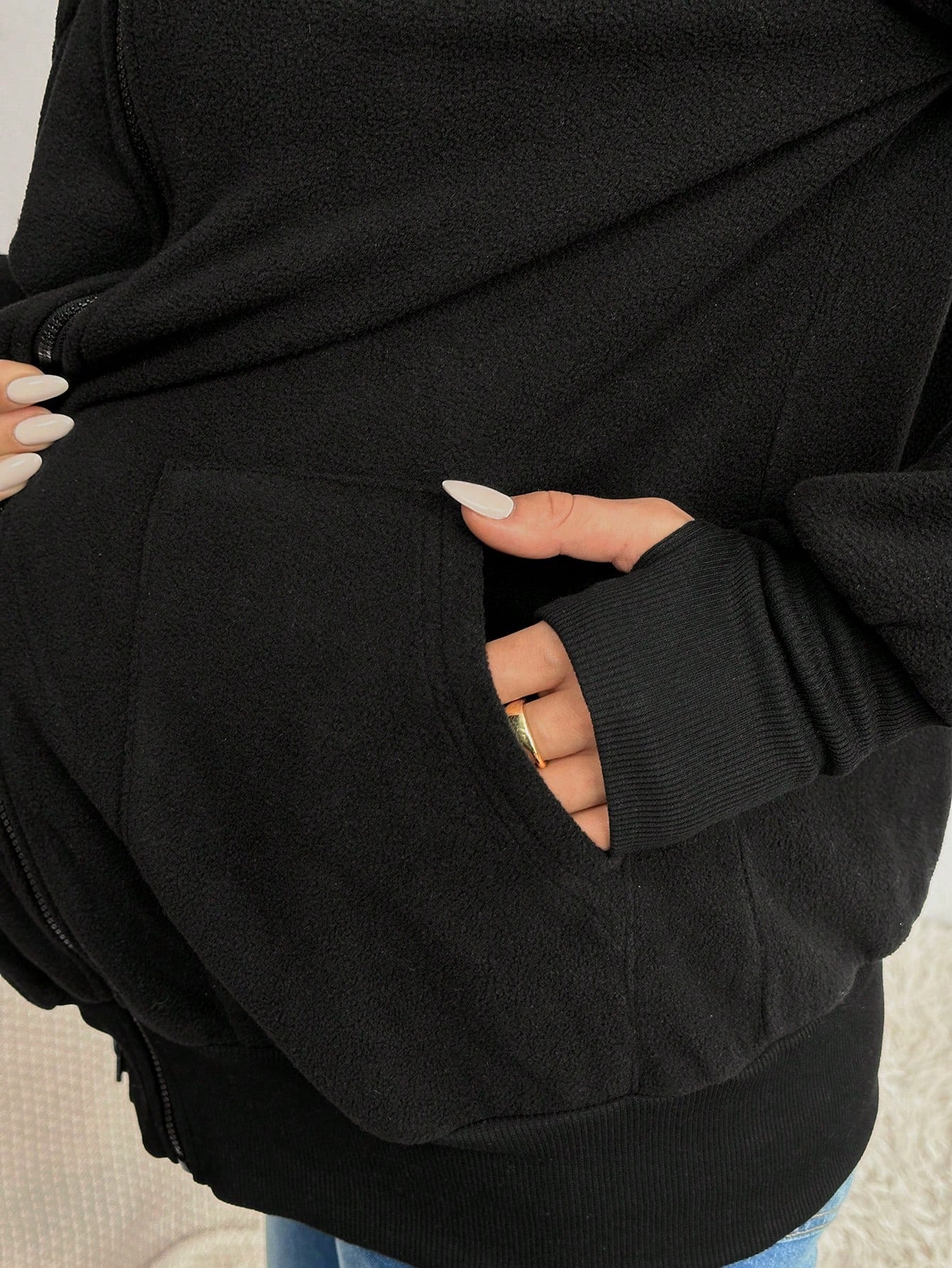 Maternity 3 In 1 Colorblock Trim Kangaroo Hooded Padded Long Sleeve Coat - Black, For Winter