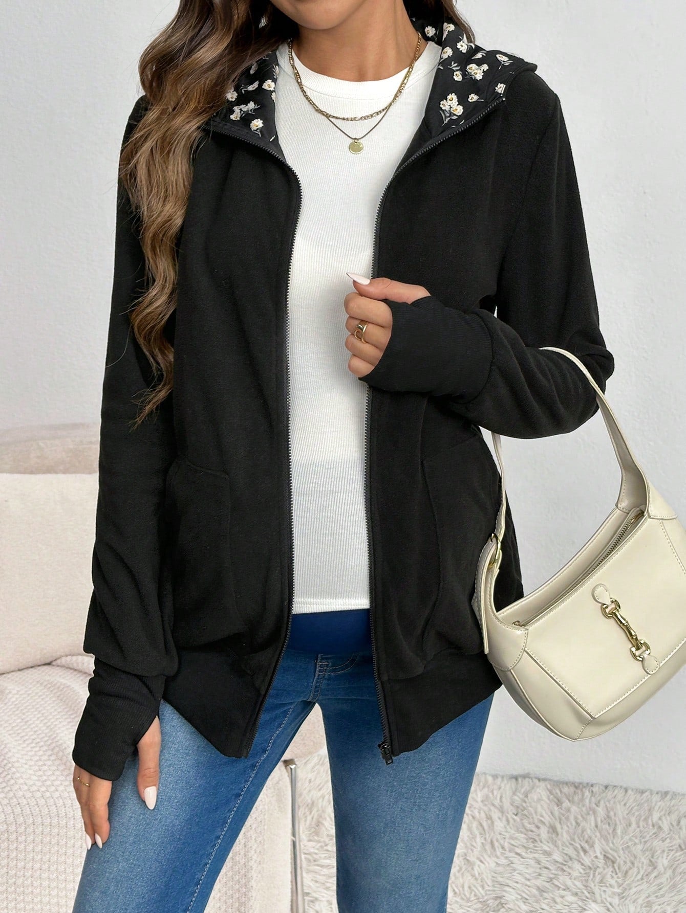 Maternity 3 In 1 Colorblock Trim Kangaroo Hooded Padded Long Sleeve Coat - Black, For Winter