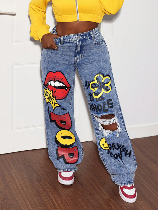 Slayr Women's Jeans Graffiti Straight Legs Y2k Jeans Street Fashion Denim Jeans Low Rise Baggy Jeans Women Pants