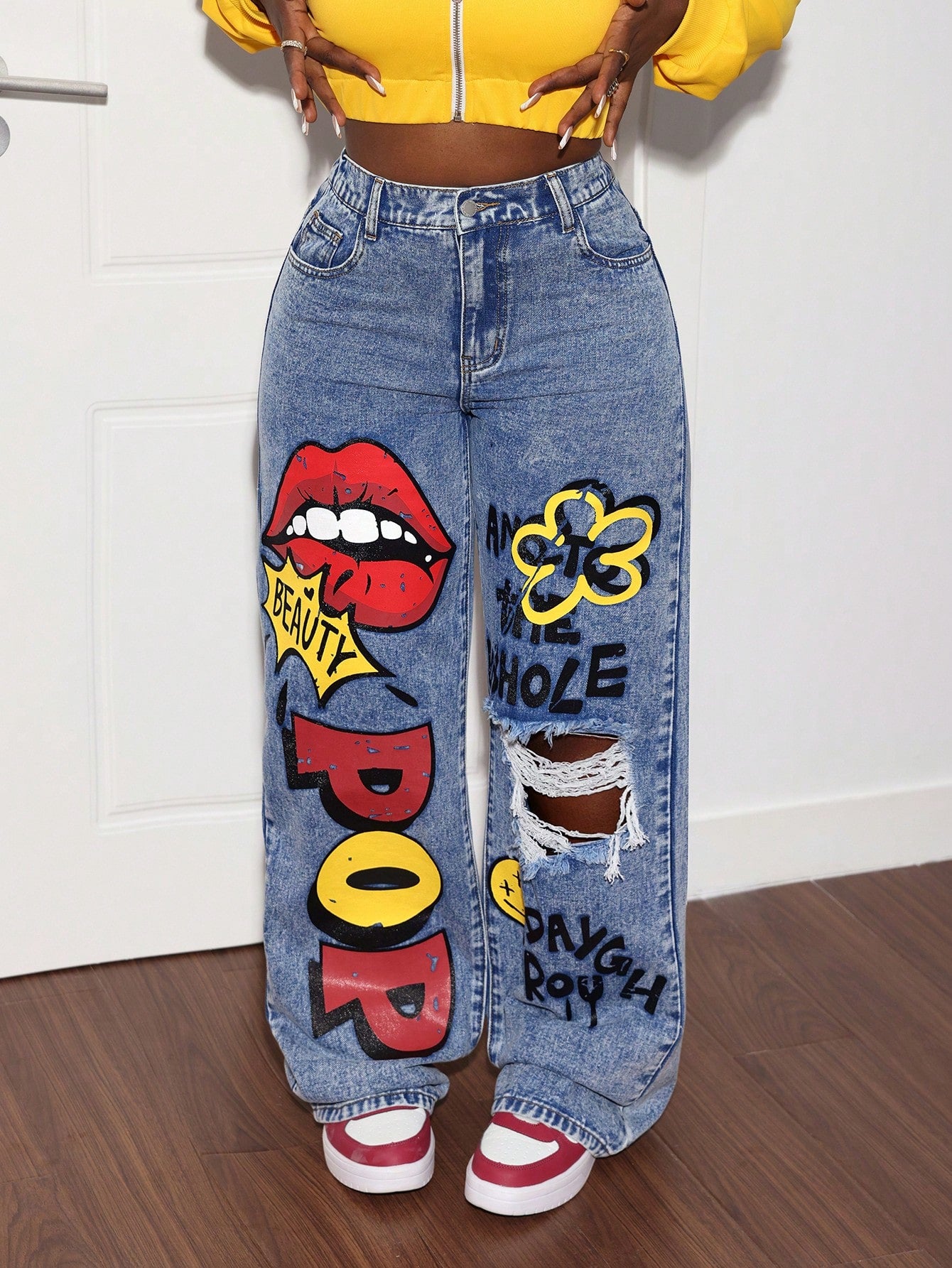 Slayr Women's Jeans Graffiti Straight Legs Y2k Jeans Street Fashion Denim Jeans Low Rise Baggy Jeans Women Pants