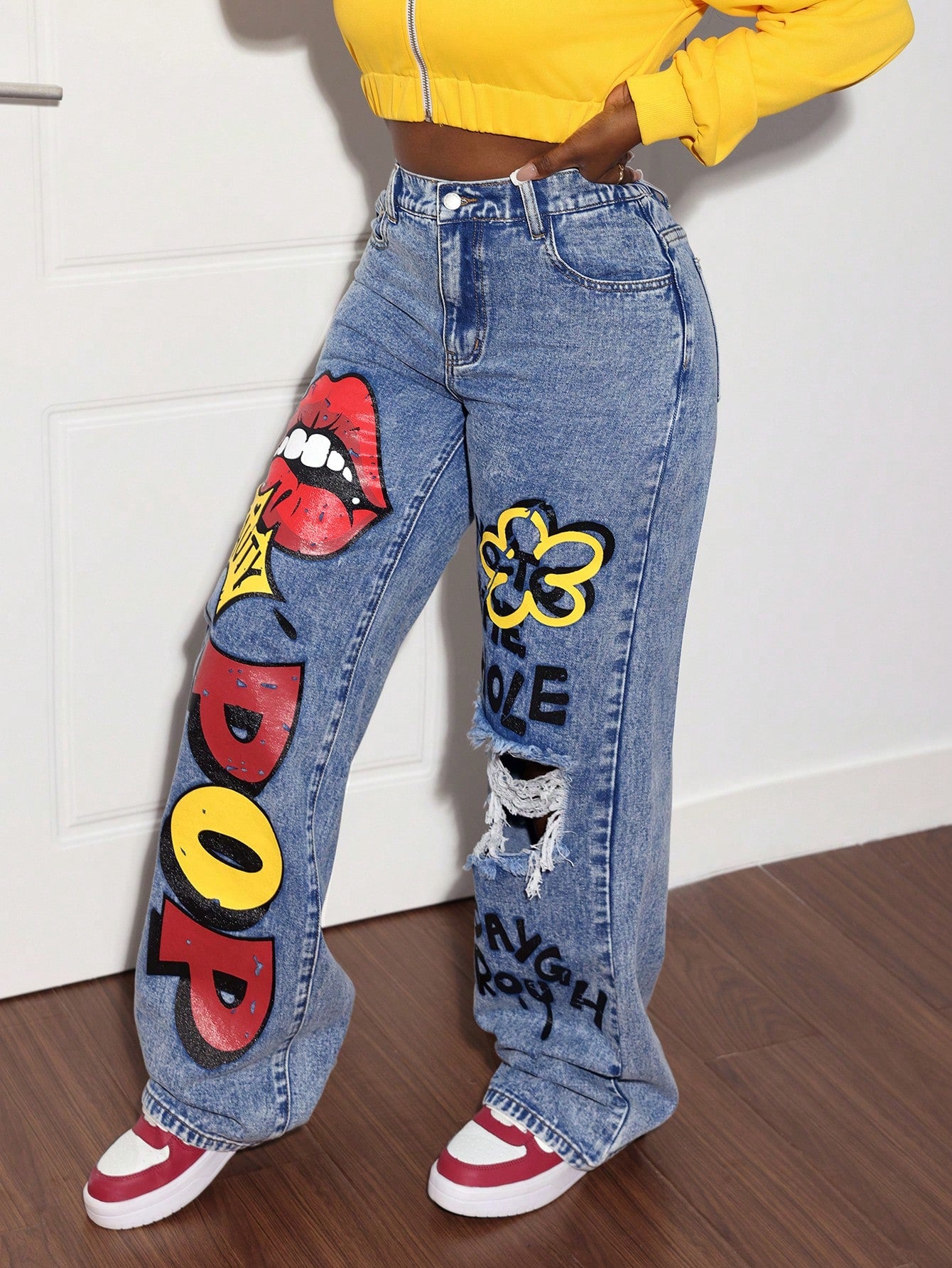 Slayr Women's Jeans Graffiti Straight Legs Y2k Jeans Street Fashion Denim Jeans Low Rise Baggy Jeans Women Pants