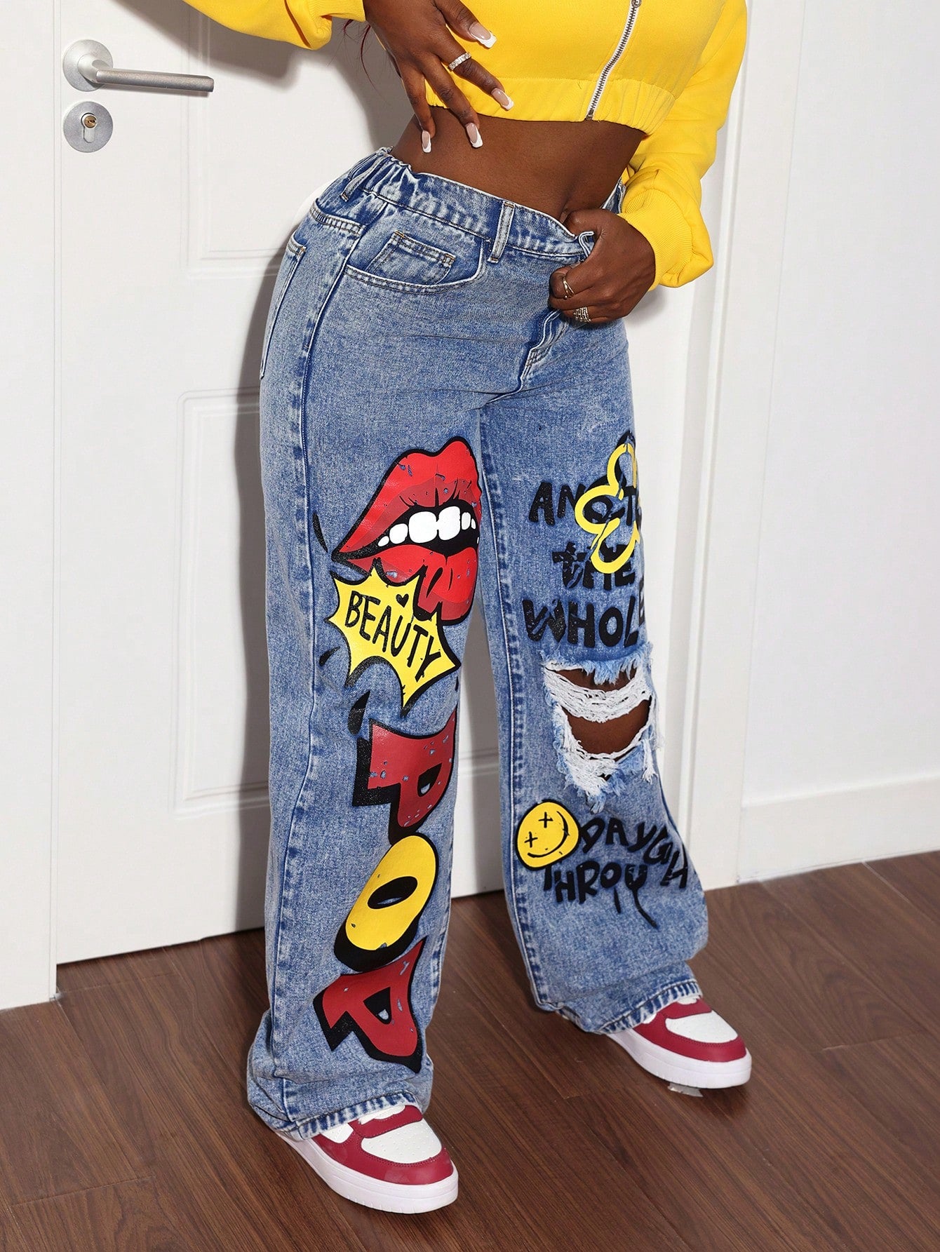 Slayr Women's Jeans Graffiti Straight Legs Y2k Jeans Street Fashion Denim Jeans Low Rise Baggy Jeans Women Pants