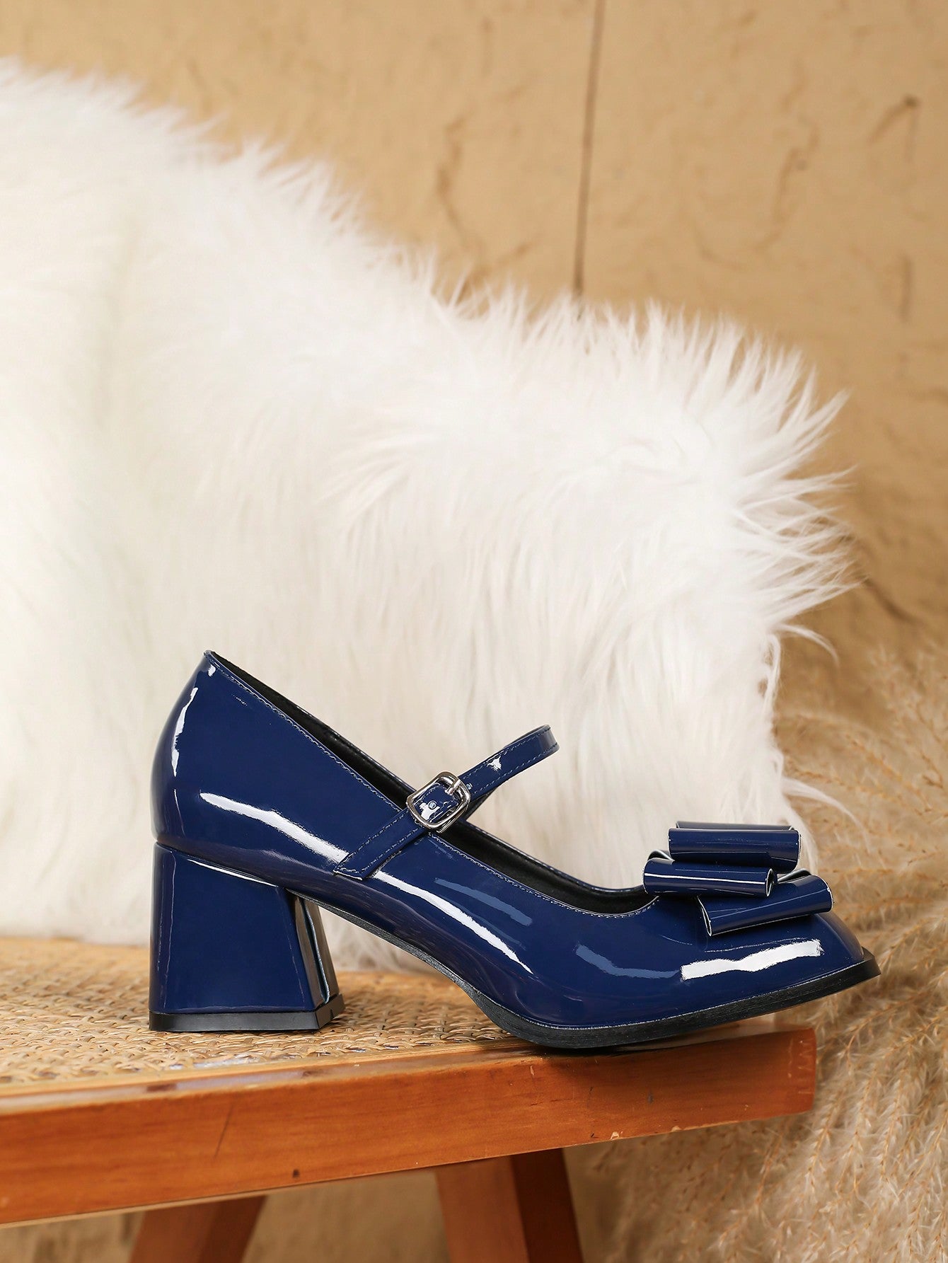 Small Size Women High Heel Pumps Square Toe Mary Jane Shoes, Bowknot, Blue