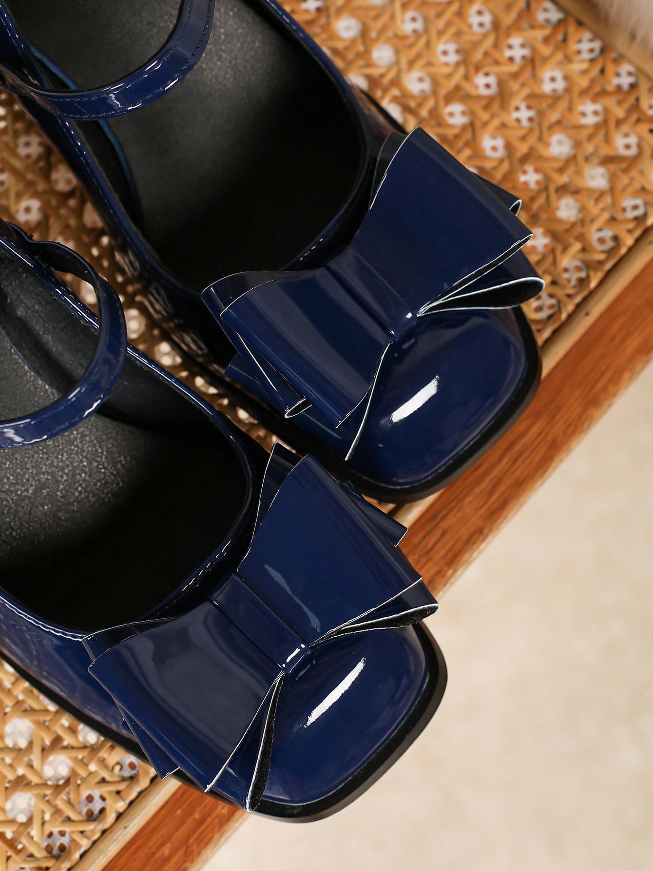 Small Size Women High Heel Pumps Square Toe Mary Jane Shoes, Bowknot, Blue