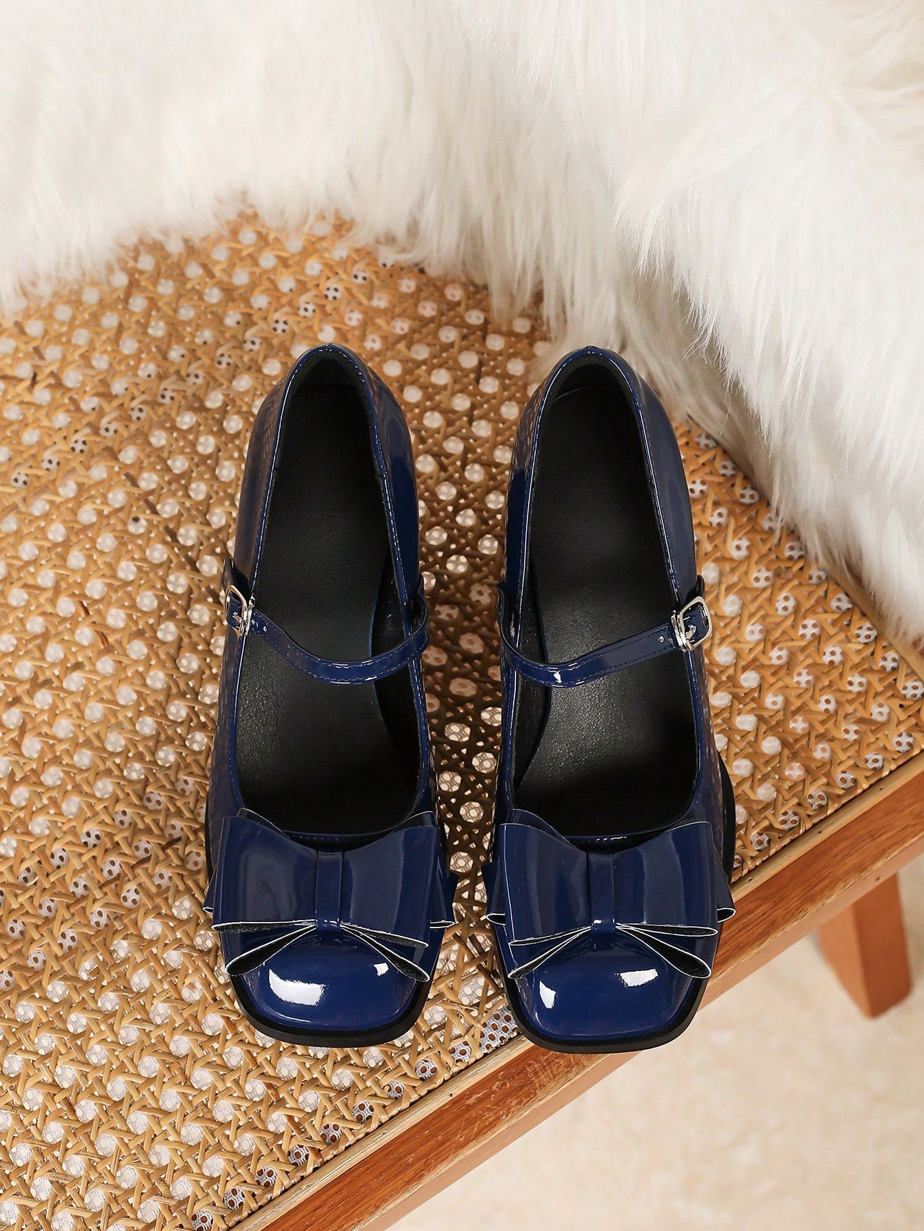 Small Size Women High Heel Pumps Square Toe Mary Jane Shoes, Bowknot, Blue