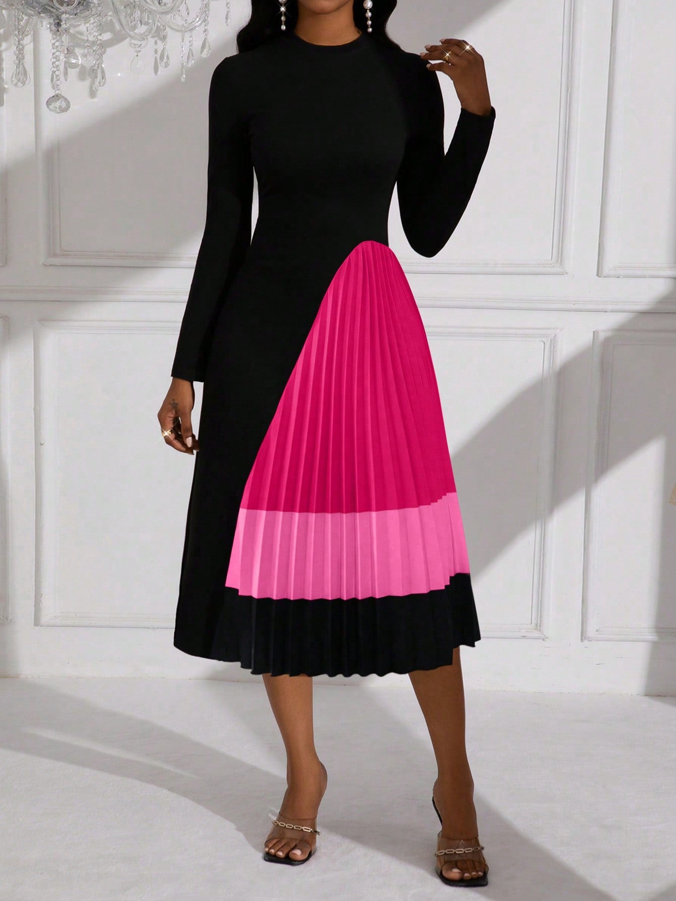 Lyxana Pleated Patchwork Midi Knit Dress For Women Maxi Women Outfit