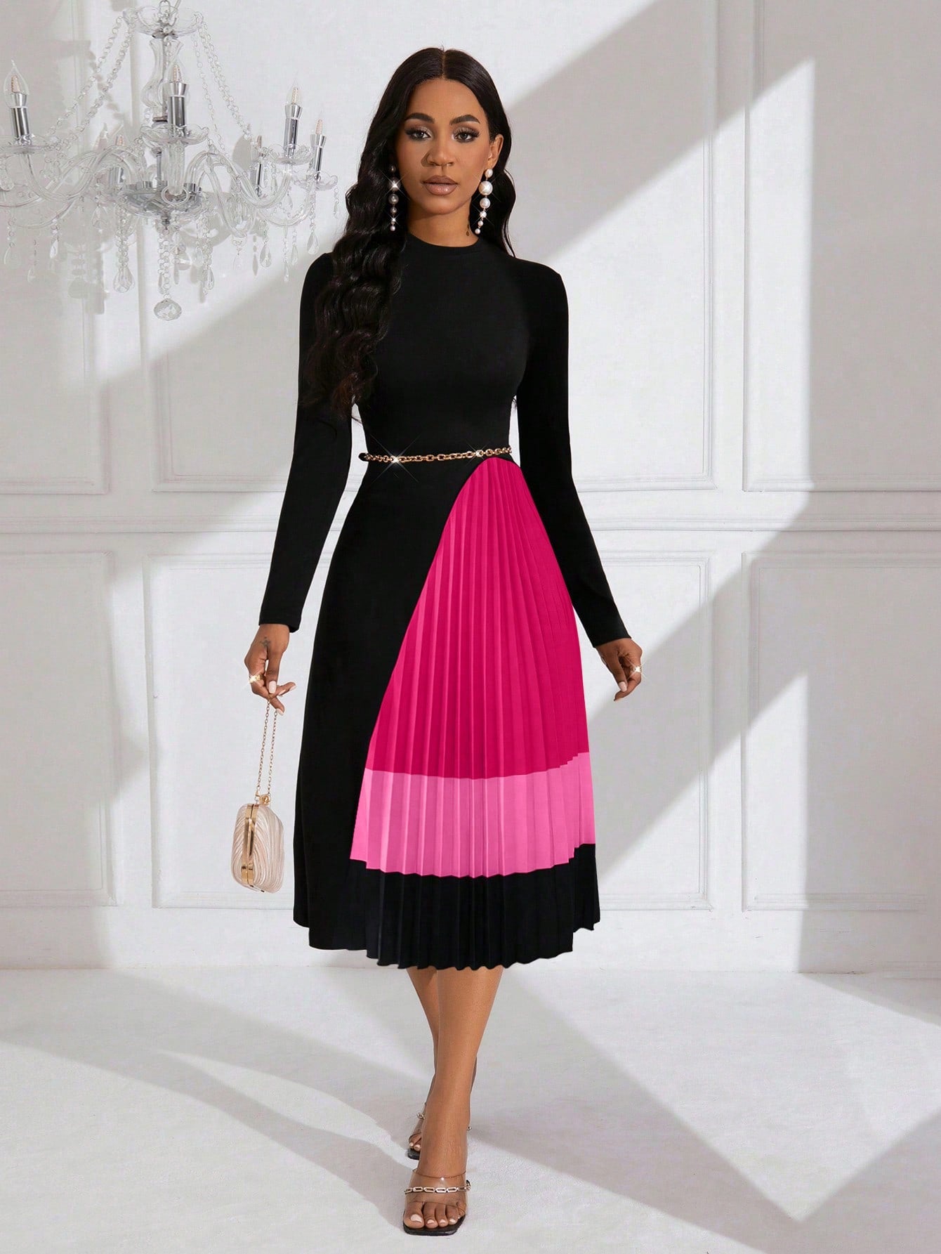 Lyxana Pleated Patchwork Midi Knit Dress For Women Maxi Women Outfit