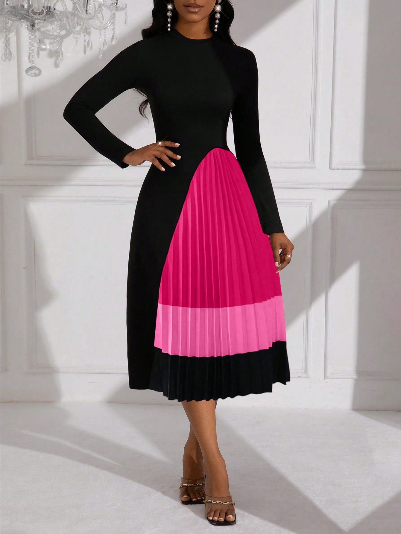 Lyxana Pleated Patchwork Midi Knit Dress For Women Maxi Women Outfit