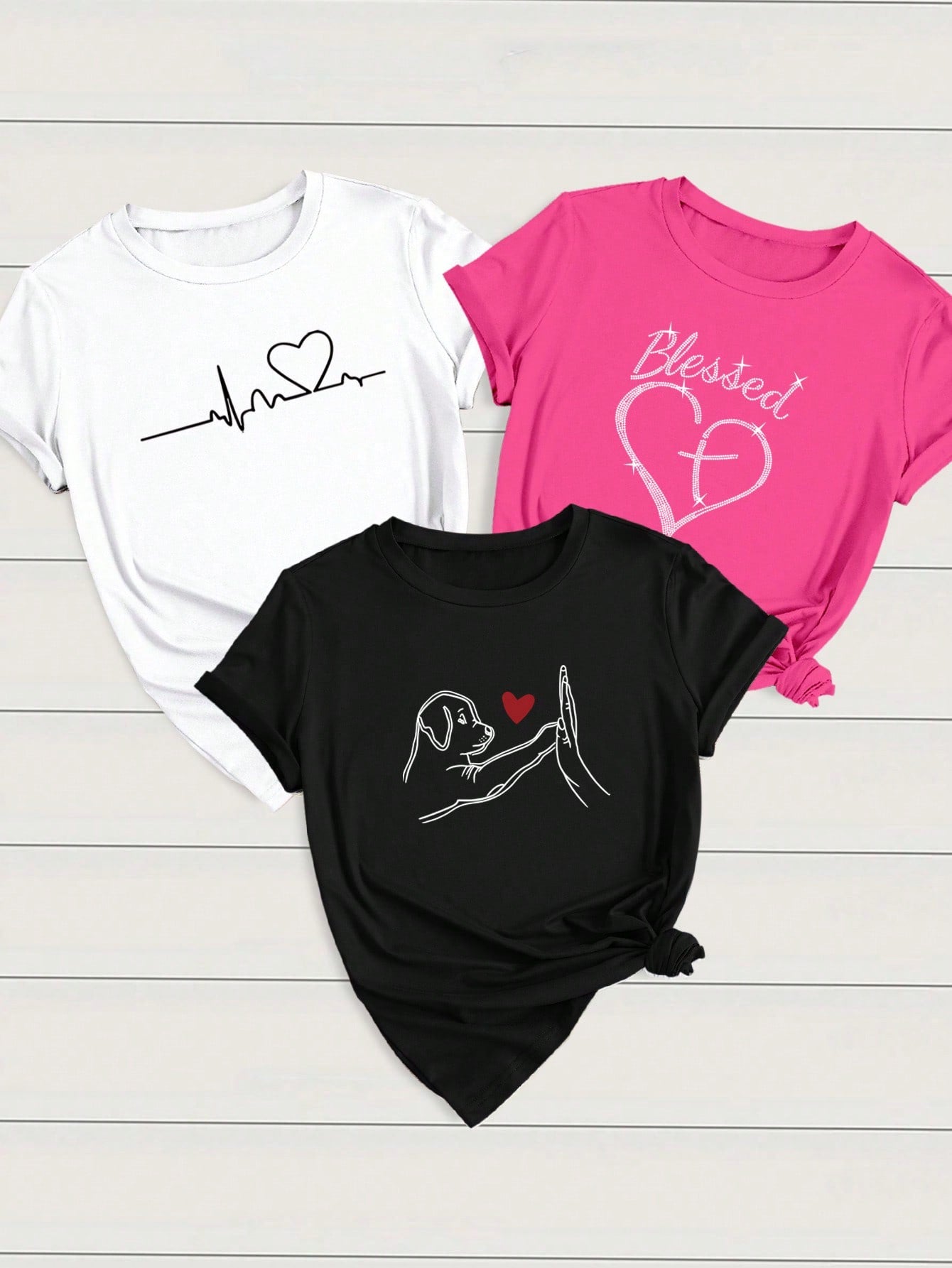 INAWLY 3pcs/Set Women Heart & Letter ECG Graphic T-Shirts, Casual Short Sleeve Tops Graphic Tees Women Tops