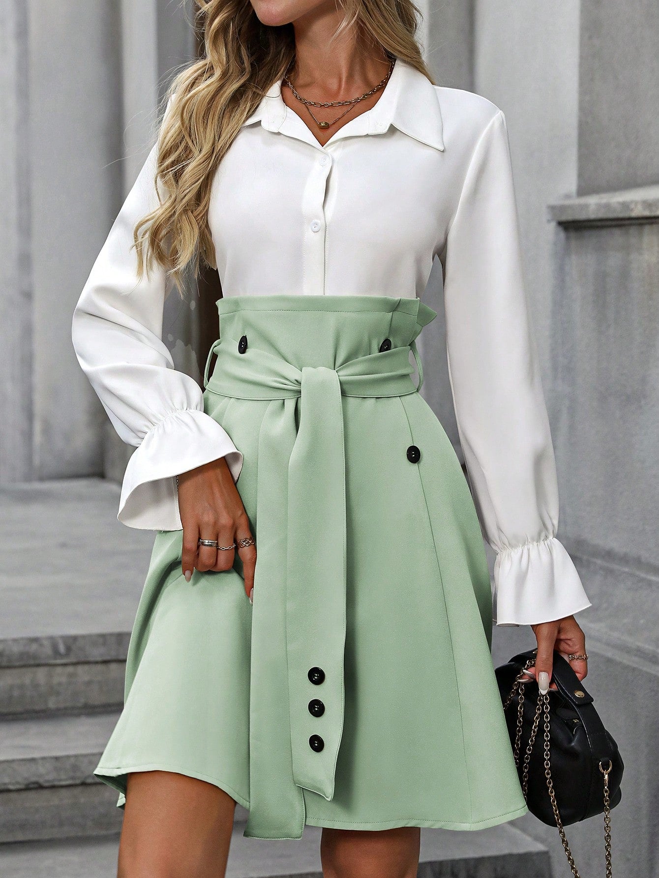 Clasi 1pc Women's Autumn Collared Color Block Long Sleeve Short Dress