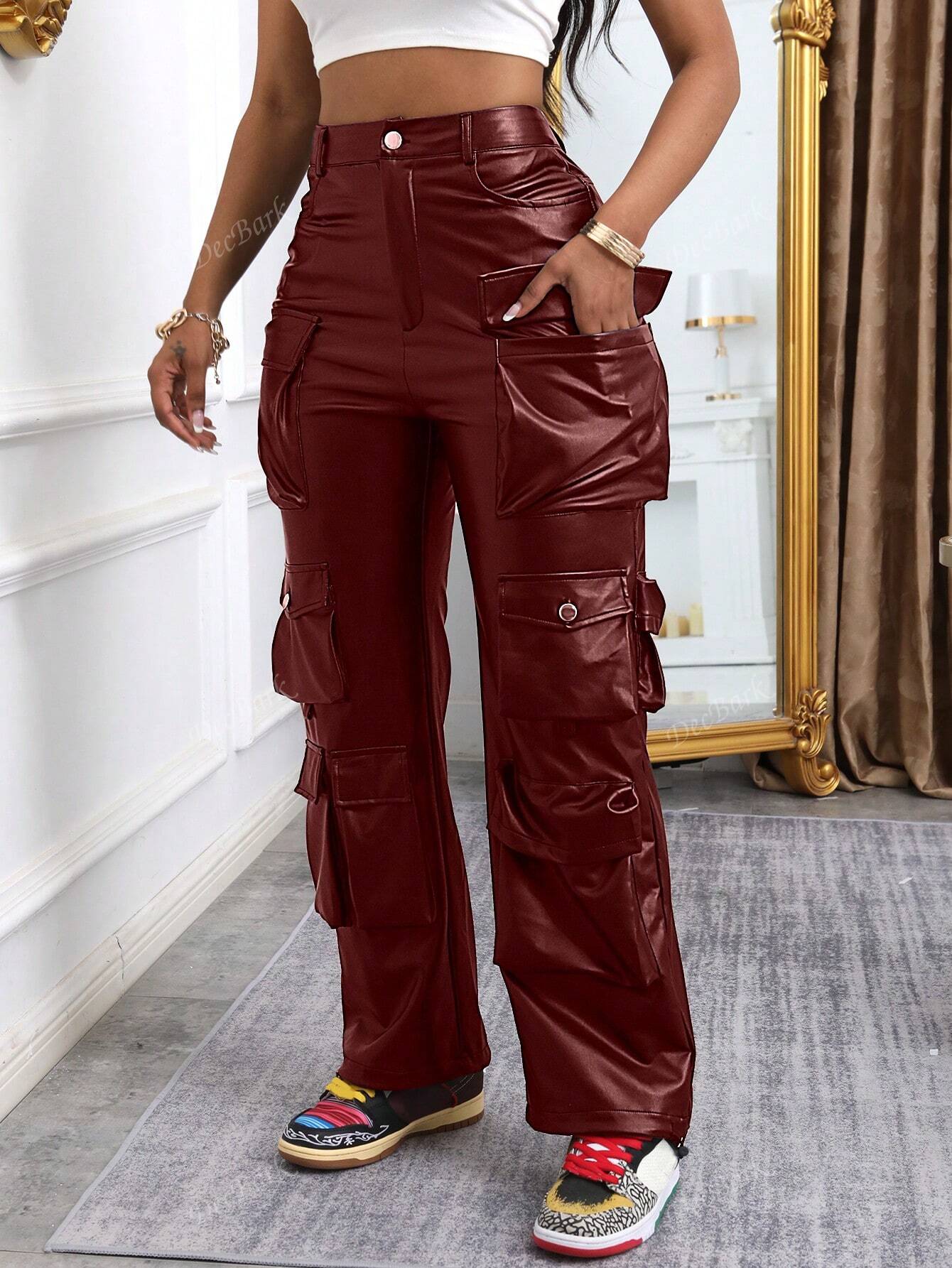 Women Front Button Multi-Pocket Cargo Leather Pants, Casual Everyday Wear