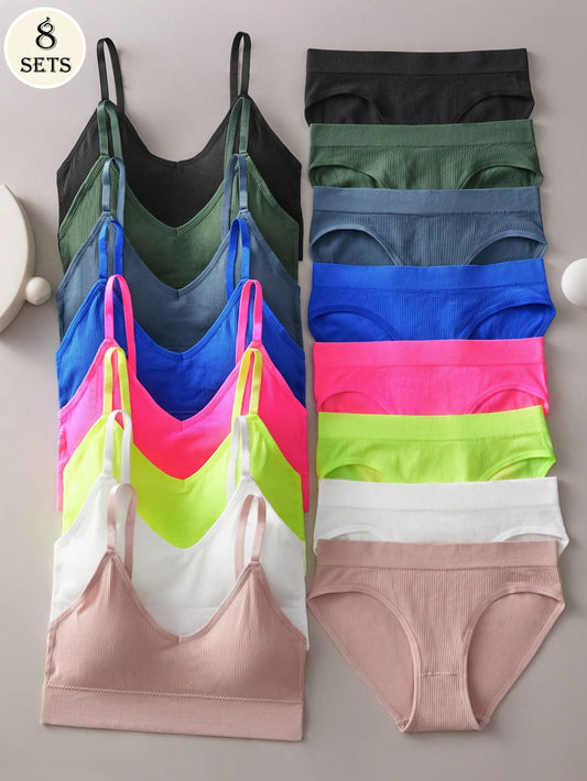 8 Sets Simple Lingerie Set, Solid Seamless Ribbed Cami Bra & Panties, Women's Lingerie & Underwear