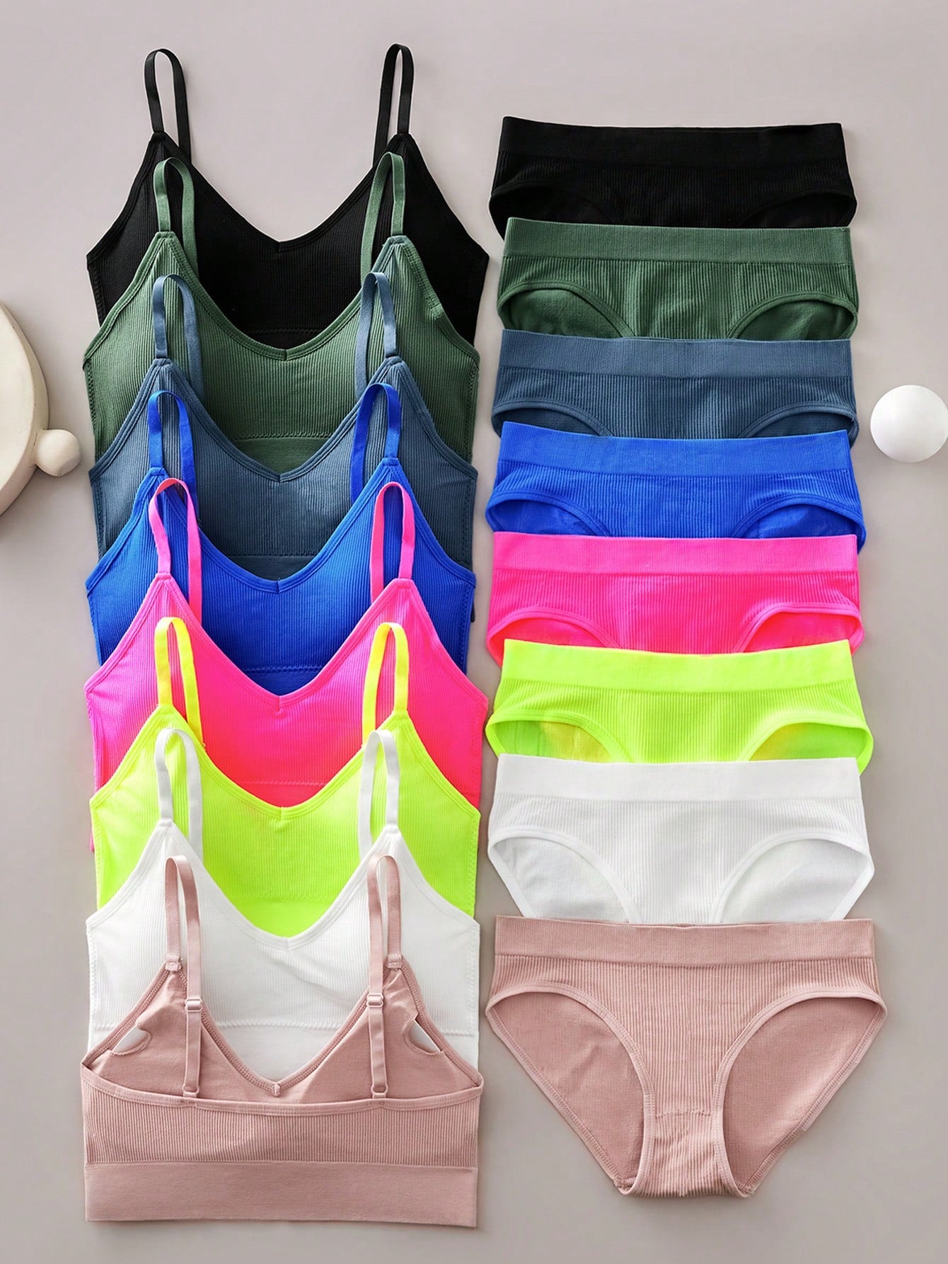 8 Sets Simple Lingerie Set, Solid Seamless Ribbed Cami Bra & Panties, Women's Lingerie & Underwear