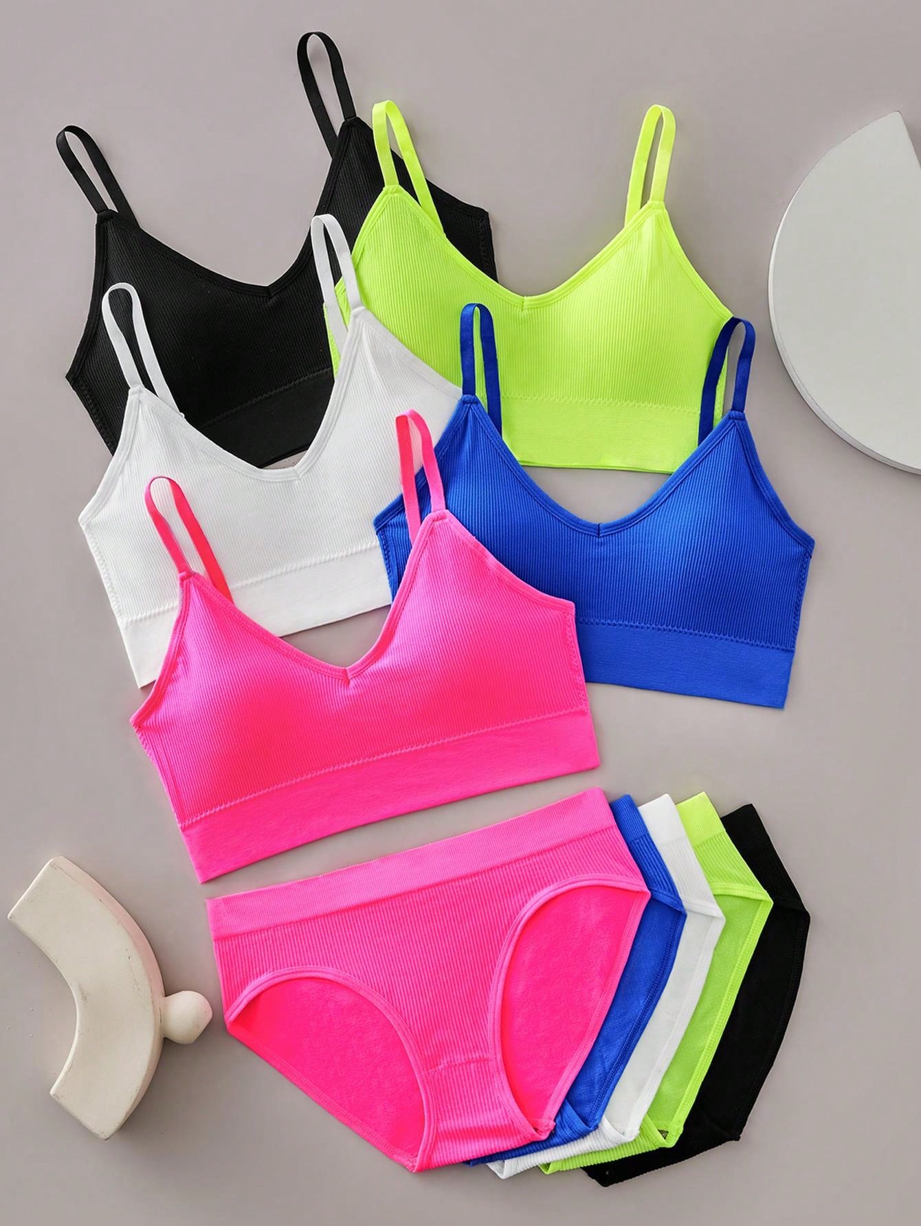 8 Sets Simple Lingerie Set, Solid Seamless Ribbed Cami Bra & Panties, Women's Lingerie & Underwear