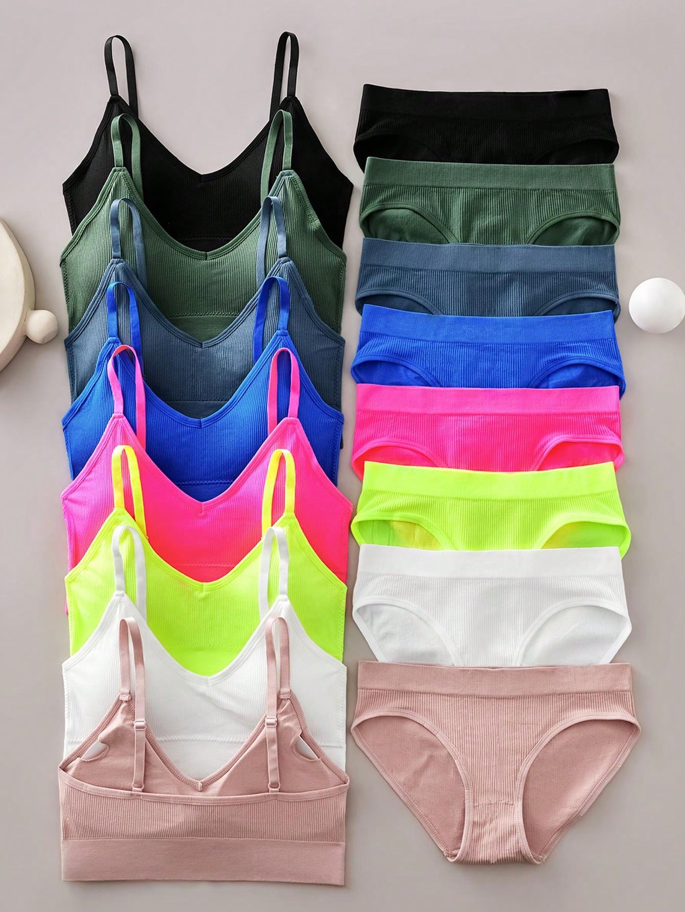 8 Sets Simple Lingerie Set, Solid Seamless Ribbed Cami Bra & Panties, Women's Lingerie & Underwear